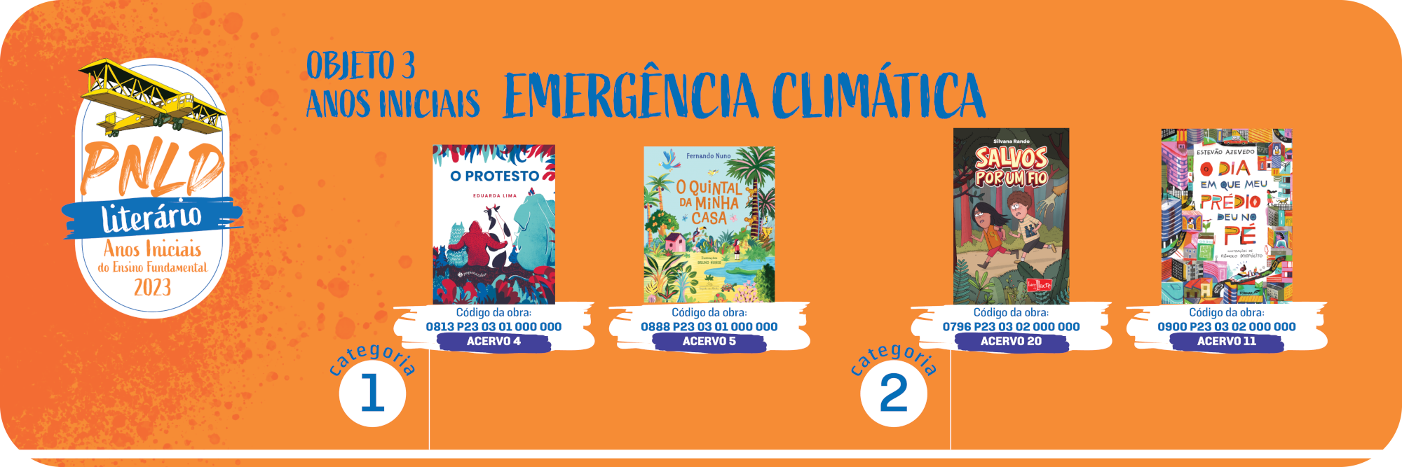 Banner na cor laranja com bordas arredondadas onde constam as obras do objeto 3 anos iniciais com a temtica Viagens divididas em duas categorias. Obras da categoria 1: Abrapracabra no mundo; Uma aventura do velho Baob. Obras da categoria 2: Dirio de Pilar na Grcia; A queda dos Moais.