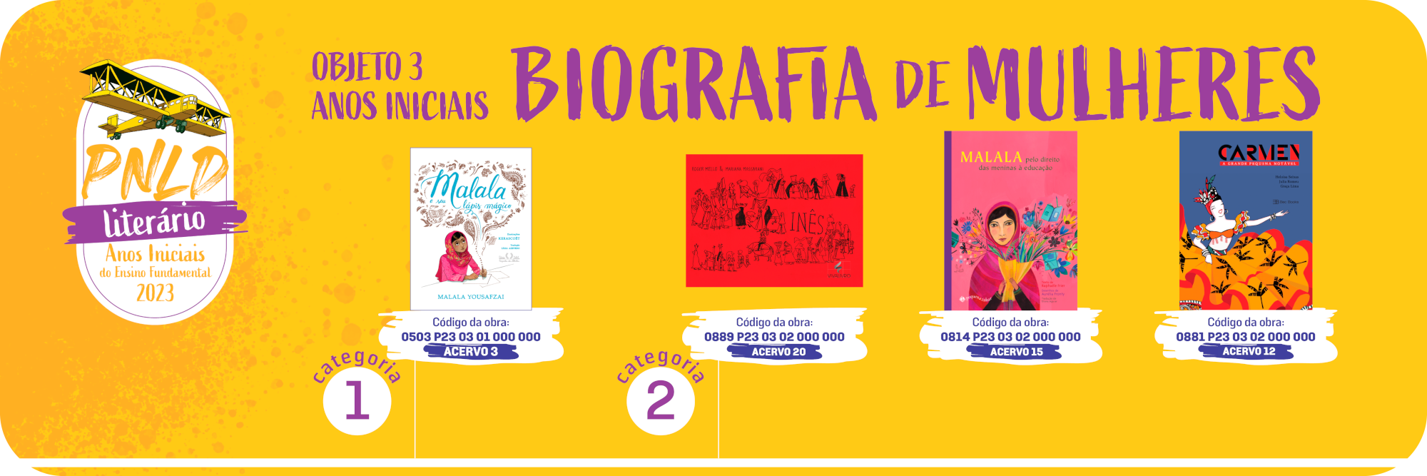 Banner na cor rosa escuro com bordas arredondadas onde constam as obras do objeto 3 anos iniciais com a temtica Poesia divididas em duas categorias. Obra da categoria 1: Parla, palavra. Obras da categoria 2: Cho de peixes; Exerccios de ser criana.